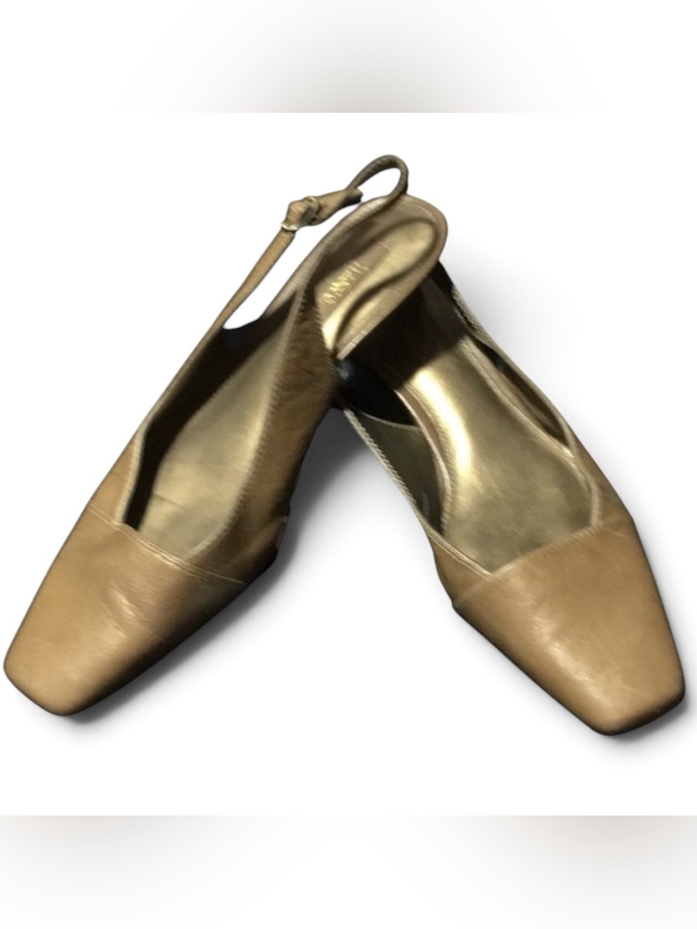 VTG Liz & Co Gold Metallic Square Toe Slingback Low Block Heels Size 8.5 EUC